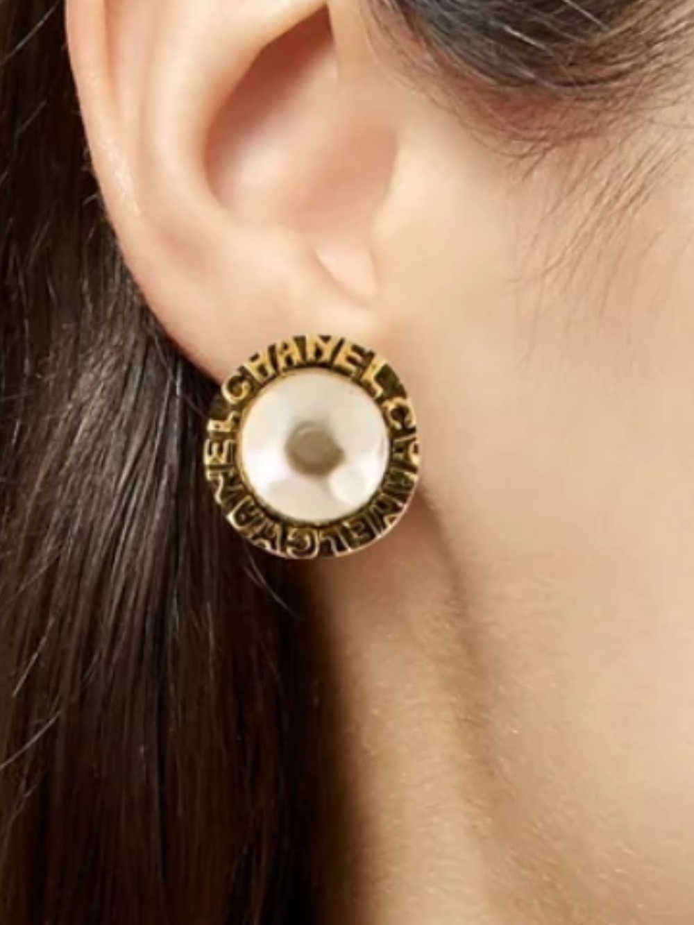 CHANEL Gold-Tone Round Logo Pearl Button Earrings - Picture 6 of 6